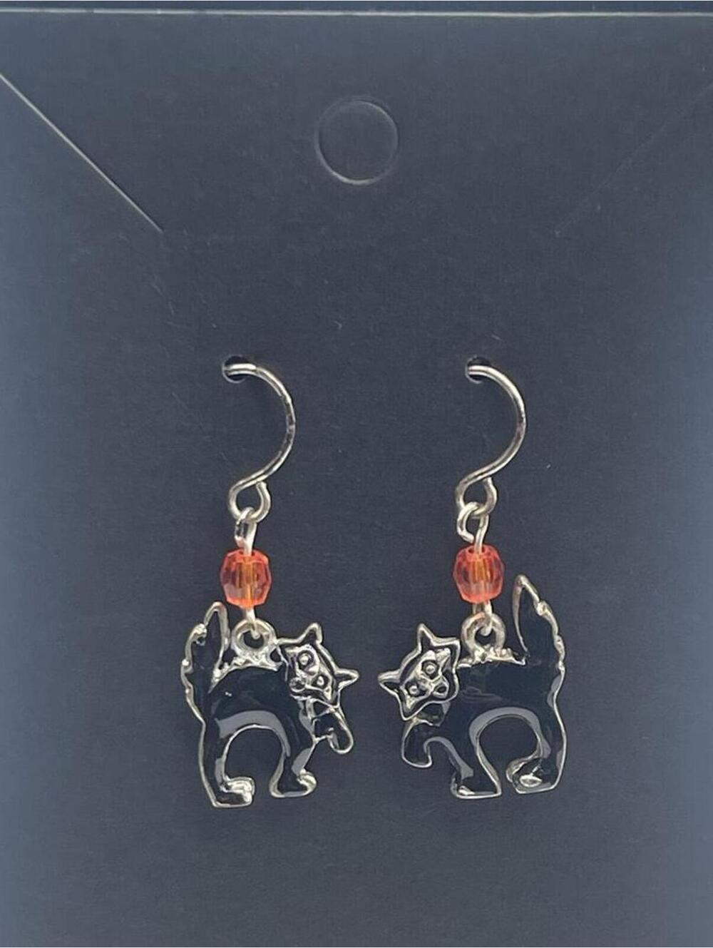 Silver Tone Black Cat Dangle Earrings with Orange Bead Accent